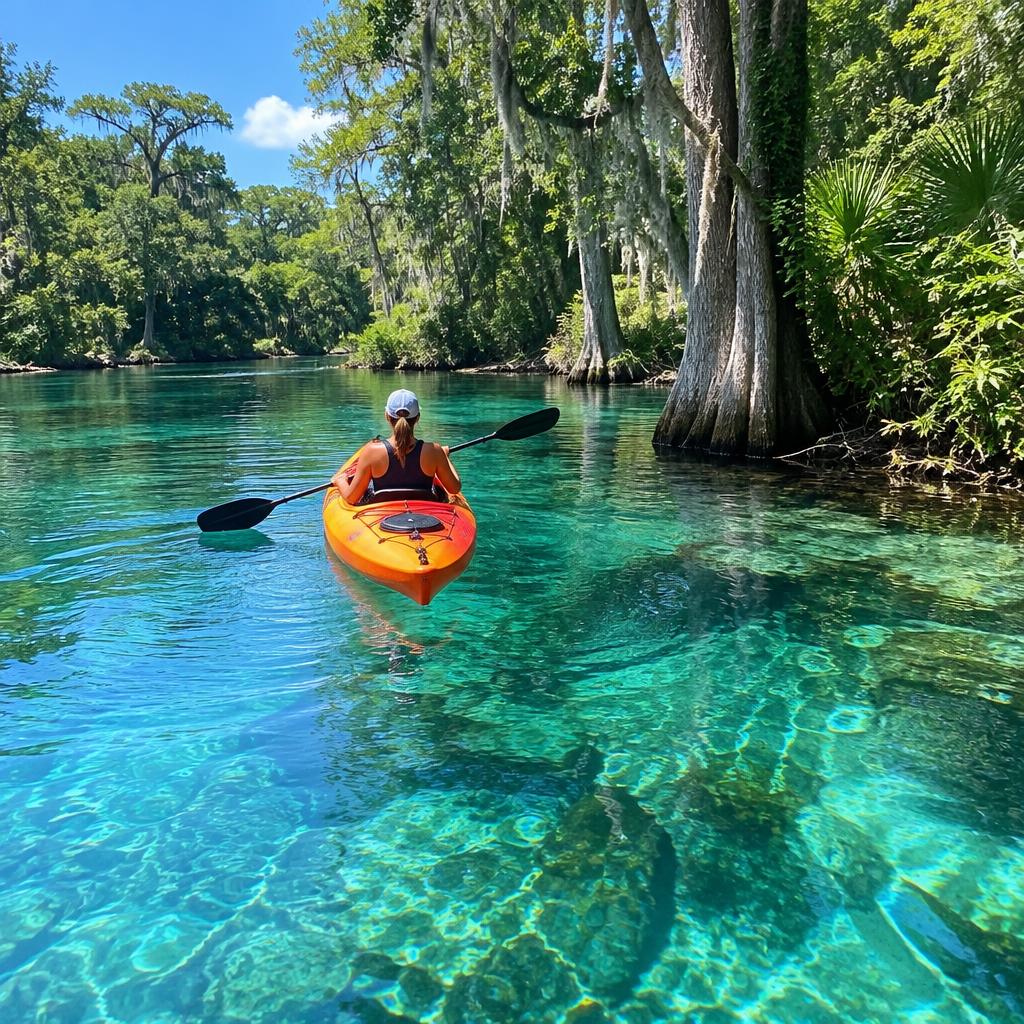Kayaker paddling a clear spring-fed Florida river